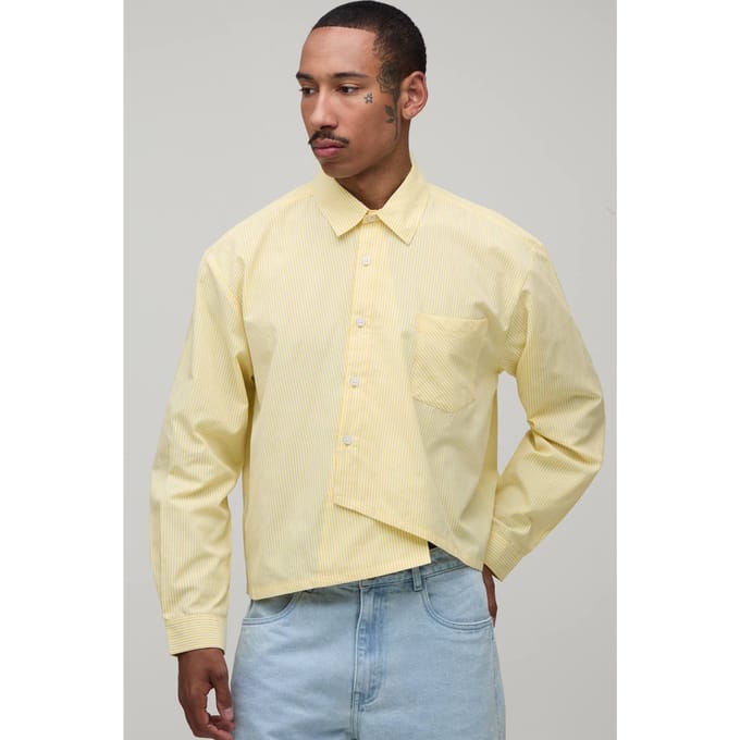 Oversized Boxy Shirt Met Asymmetrische Knoopsluiting En Streeppatroon | Yellow | Size Medium