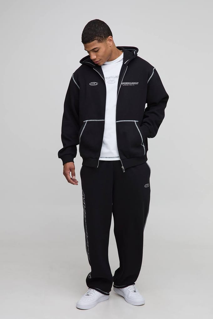 Oversized Slogan Zip Hoodie En Baggy Joggingbroek Trainingspak | Black | Size Medium