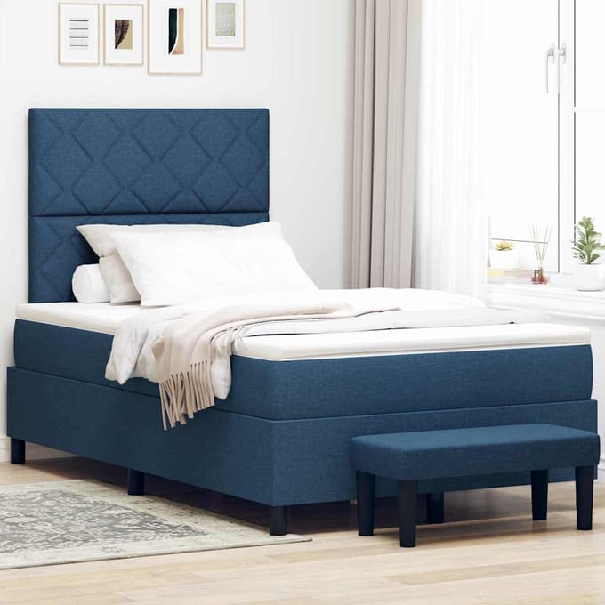 vidaXL - Boxspring - bed - met - kussen - met - hoofdeinde - Blauw - 120 - x - 190 - cm - Stof