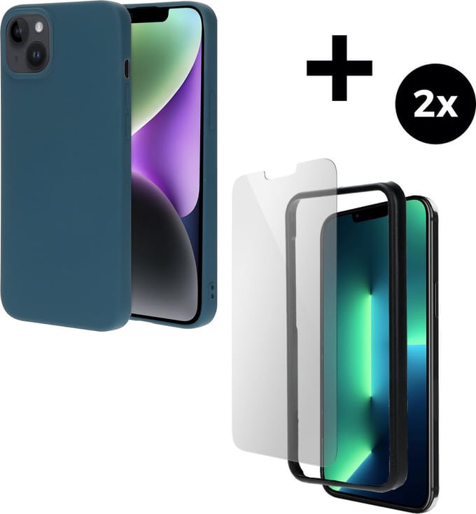 Mobiparts Silicone Cover hoesje geschikt voor Apple iPhone 14 Plus met 2 Screenprotectors van Gehard Glas - Blauw
