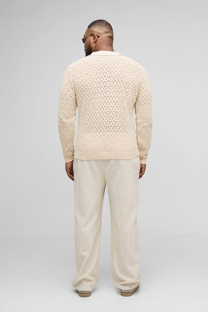 Plus oversized gehaakte poloshirt met lange mouwen | Natural | Size 2XL