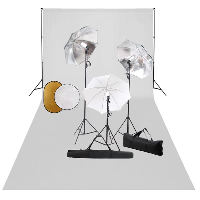 vidaXL - Fotostudioset - met - lampen, - paraplu's, - achtergrond - en - reflector