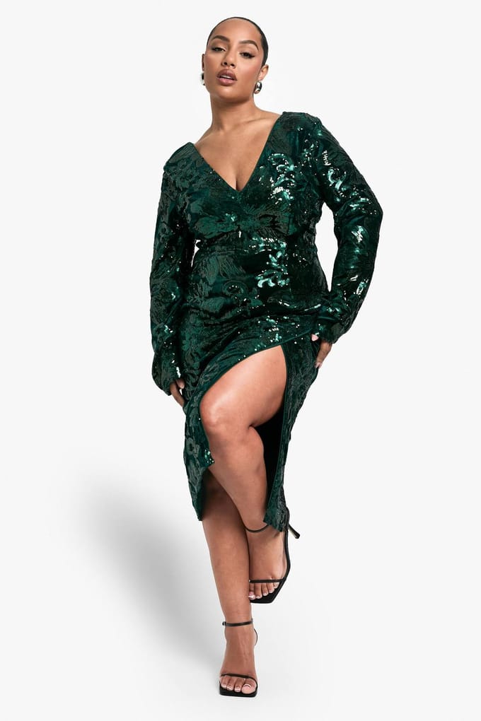 boohoo Dames Plus Velvet Demask Wrap Midi-jurk | Emerald | Maat: 28