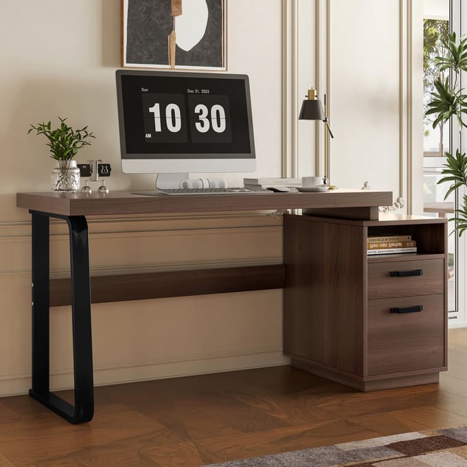 Bureau Werktafel Computertafel Kantoor Bureau Met Lade Bruin MDF Staal Opslag Modern Design