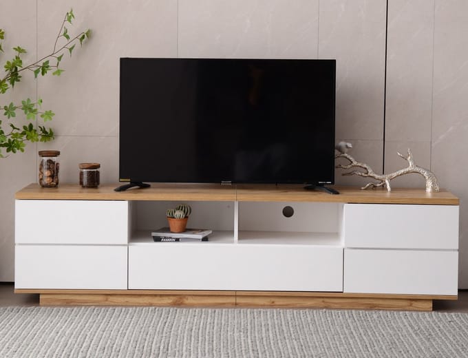 Sweiko TV kast - Dubbele deuren - Moderne TV meubel - Houtnerf tafelblad - Wit