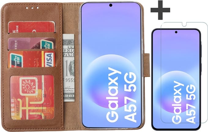 Hoesje met Screenprotector Geschikt voor Samsung Galaxy A57 – Arara bookcase met pasjeshouder - Bruin