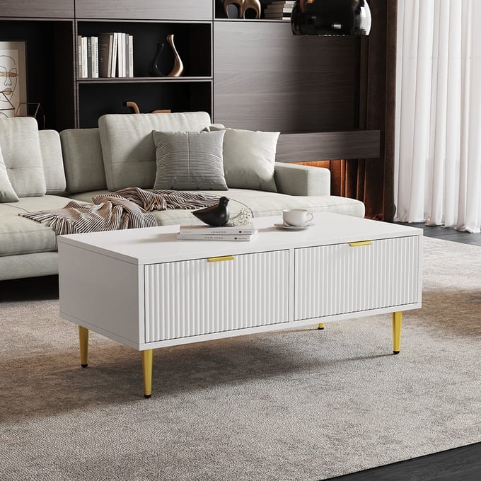 KOMHTOM Salontafel met gouddecoratie 2 verticale gestreepte laden 100x50x40 cm wit