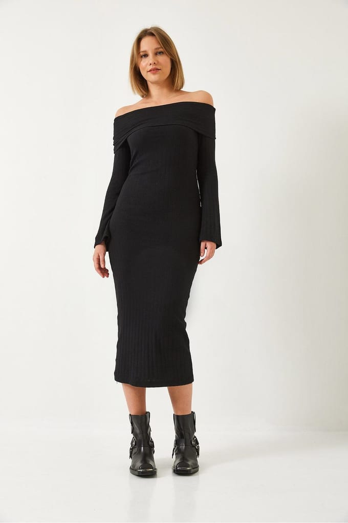 Strapless Geribbelde Midi Dress