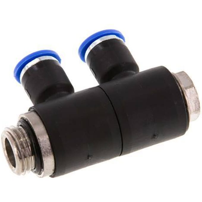 6mm x G1/4'' 2-way Manifold Messing/PA 66 Insteekfitting Buitendraad Draaibaar NBR