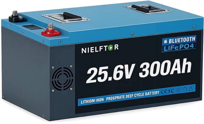 NIELFTOR 25.6V 300Ah 7,68 kW LiFePO4 RV Batterij