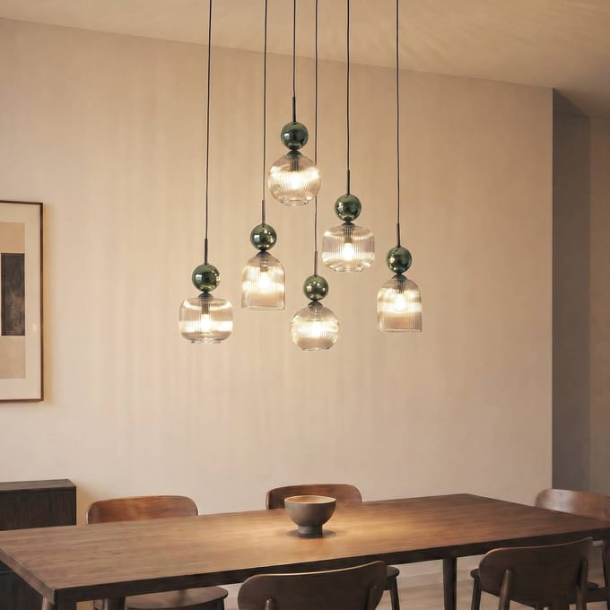 TK Lighting Hanglamp Sophia, 6-lamps, cognac/groen, 65 cm lang, E14