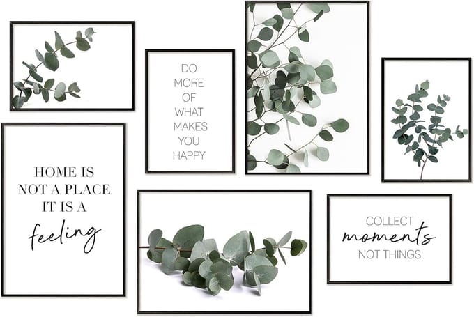Posterset - Wanddecoratie set - Woonkamer aankleden - 7 harmonische afbeeldingen - 3xA3 4xA4 - Eucalyptus