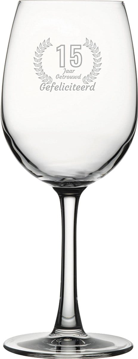 Gegraveerde witte wijnglas 36cl Gefeliciteerd 15 jaar getrouwd