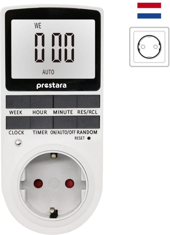 Prestara Digitale Tijdschakelaar - Programmeerbare Timer Stopcontact - LCD Display - Schakelklok 16A 3680W