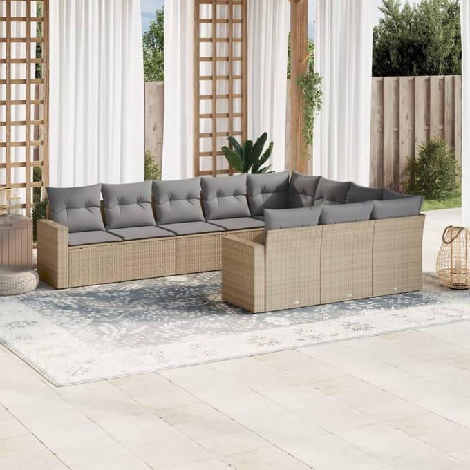 vidaXL - 10-delige - Loungeset - met - kussens - poly - rattan - beige