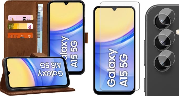 Hoesje geschikt voor Samsung Galaxy A15 - Screenprotector Glas & Camera - Portemonnee Book Case Bruin