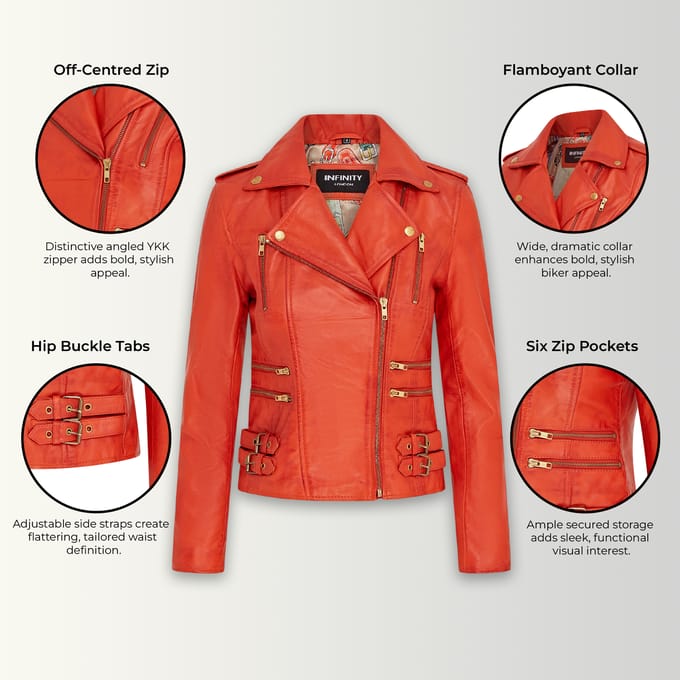 Dames leren oranje Brando bikerjack - Loddon