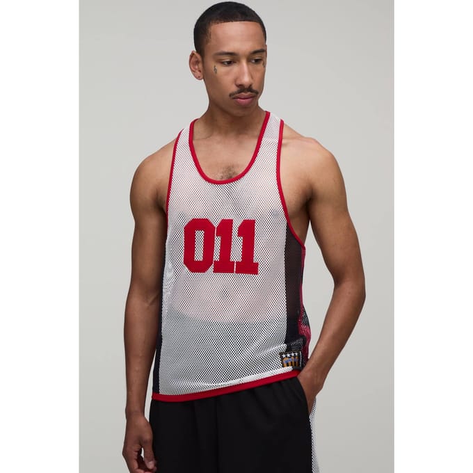 Regular Fit Netted 011 Appliqué Racerback Hemd | White | Size XL