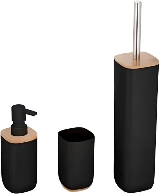 Items Badkamerset 3-delig - zwart - bamboe en rvs - toiletborstel - zeeppomp - beker
