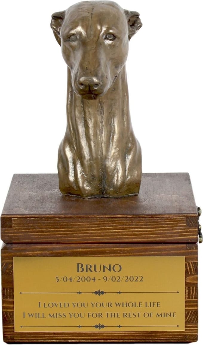 Whippet urn hond met beeldje - persoonlijke urn hond voor hondenas