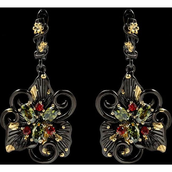 Boucles d'oreilles Orchidée Élégantes et Stylées en Or Noir et Zircon Vert black