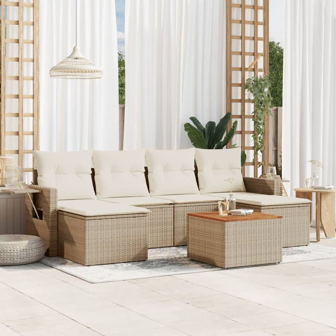 vidaXL - 7-delige - Loungeset - met - kussens - poly - rattan - beige