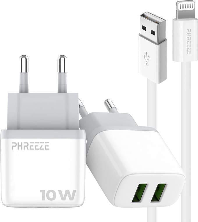 Phreeze usb adapter 12w - Oplader geschikt voor iPhone en iPad met Lightning kabel - 2.4 A dubbele oplader