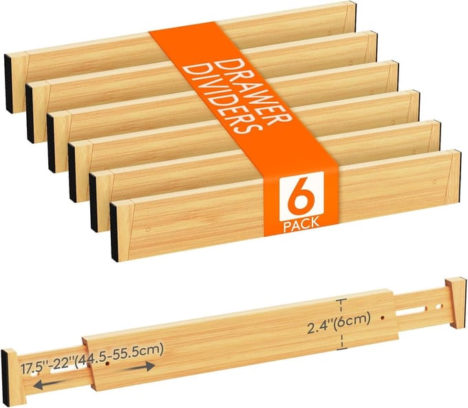 Famanu – Set van 6 bamboe verstelbare ladeverdelers – 6 cm hoog, 42–56 cm – lade organizer