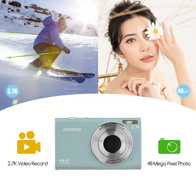 Andoer 2.7K digitale camera compacte videocamcorder 48MP autofocus 2,88 inch IPS-scherm 16x zoom roze