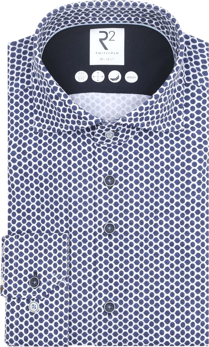 R2 Overhemd Jersey Shaped Print Blue - Maat 38 - Heren - Overhemden Formeel