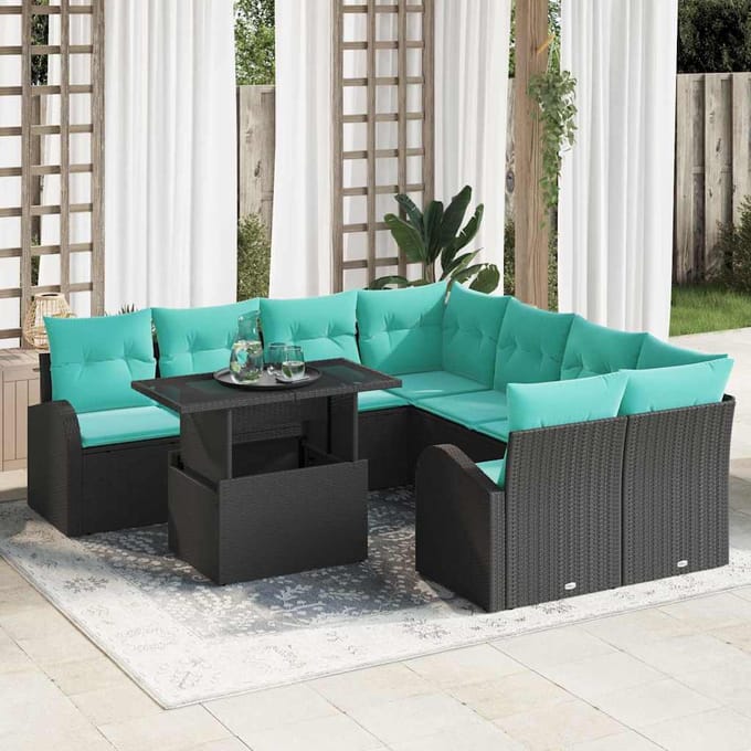 vidaXL - Tuinbank - Set - 9 - st - Zwart - Poly - Riet