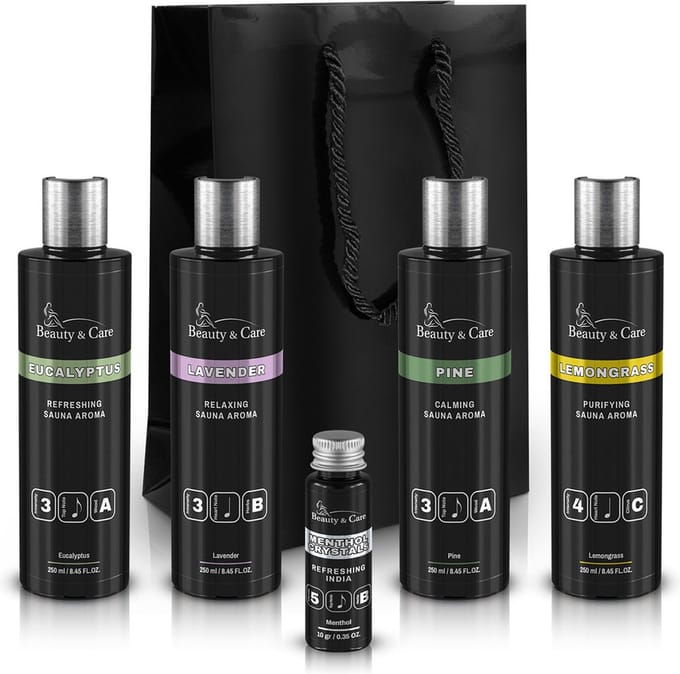 Beauty&Care® Sauna Classic Cadeaupakket XL - Saunageur - 4 x 250 ml saunageuren en 10 gram menthol kristallen zakje - Eucalyptus, Lavendel, Dennen en Lemongrass - doseer 5 ml sauna opgietmiddel per liter water