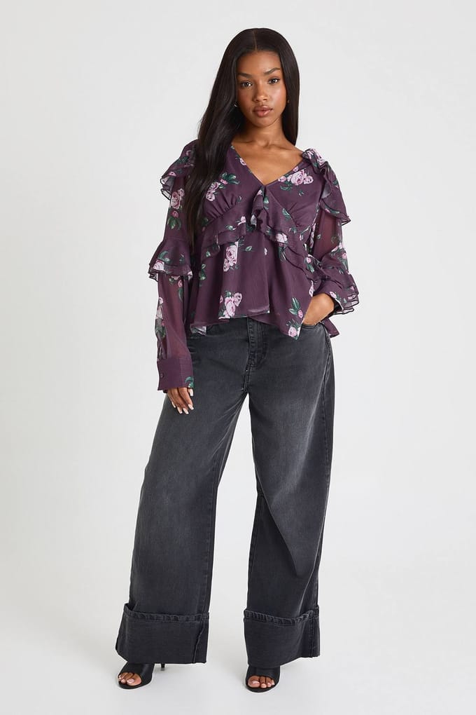 boohoo Dames Florale ruche chiffonblouse | Plum | Maat: 6