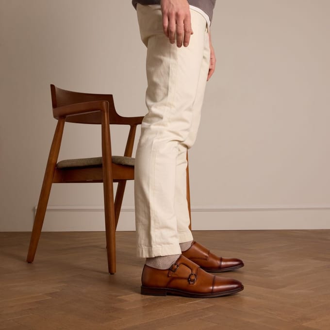 Manfield - Heren - Cognac leren gespschoenen - Maat 46