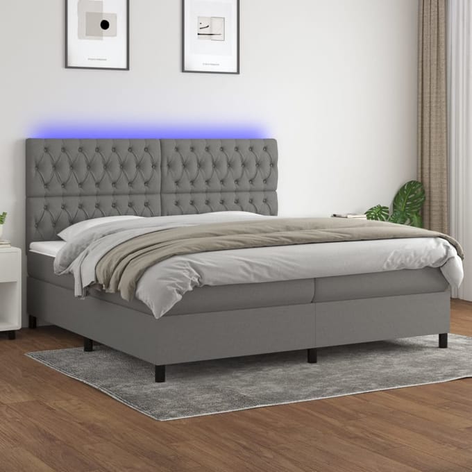 vidaXL - Boxspring - met - matras - en - LED - stof - donkergrijs - 200x200 - cm