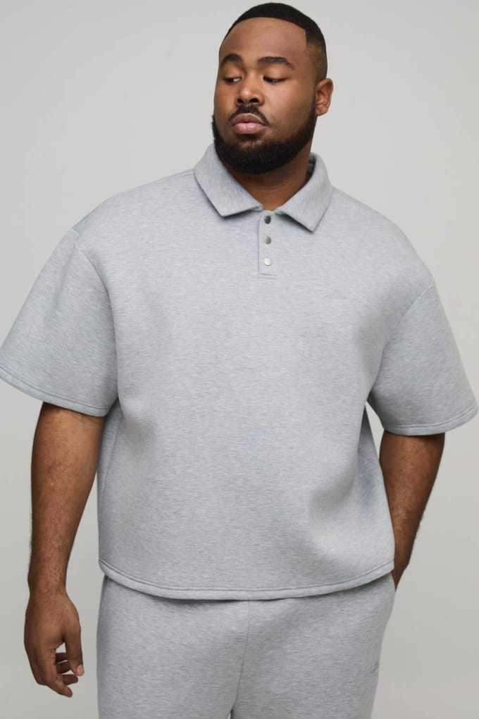 Plus Oversized Boxy Bonded Scuba Rugby Polo | Grey Marl | Size 3XL
