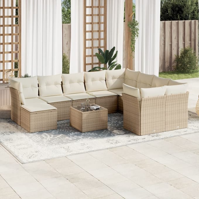vidaXL - 11-delige - Tuinset - met - kussens - poly - rattan - beige