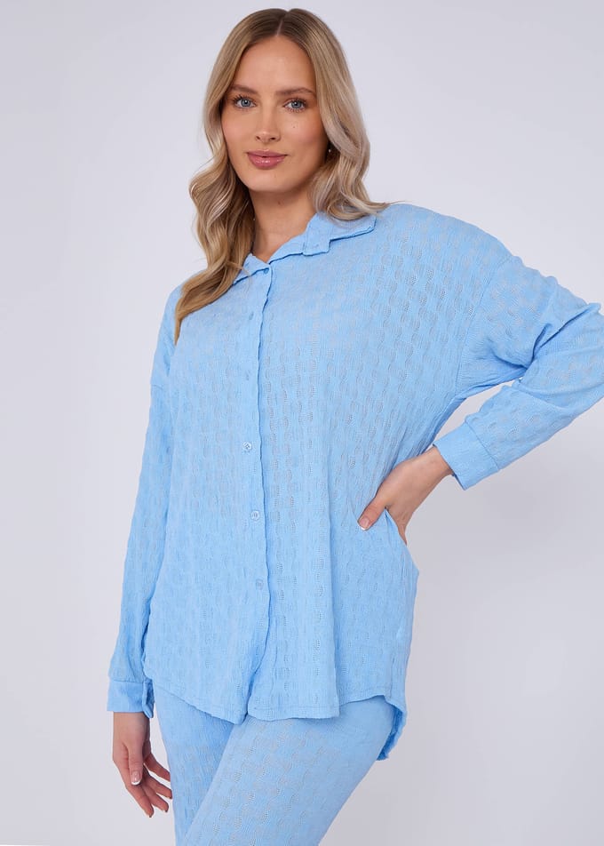 Hemelsblauw gestructureerd oversized shirt met lange mouwen