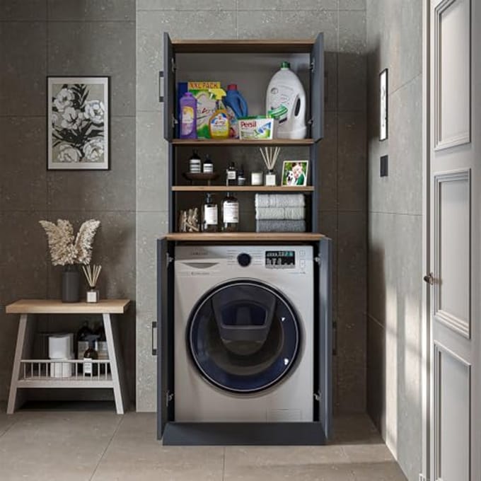 Wasmachinekast met Bovenkast - 70 x 180 x 69 cm - Antraciet Eiken