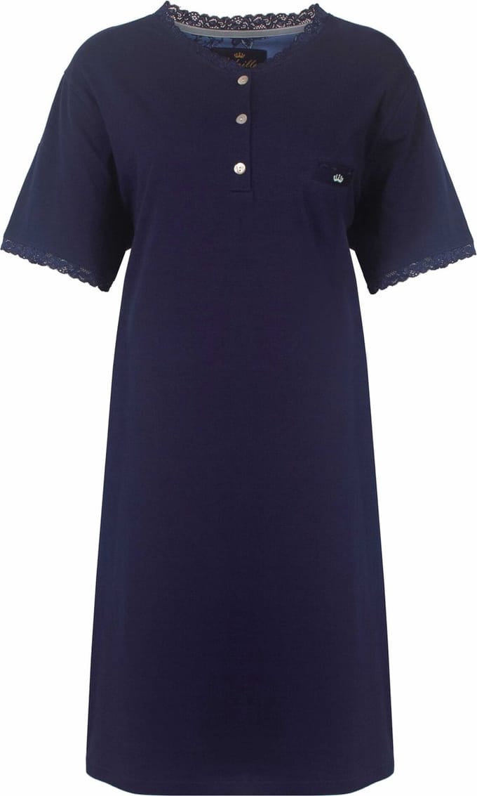 Medaillon Dames Nachthemd - Slaapkleedje - Katoen - Donker Blauw - Maat S