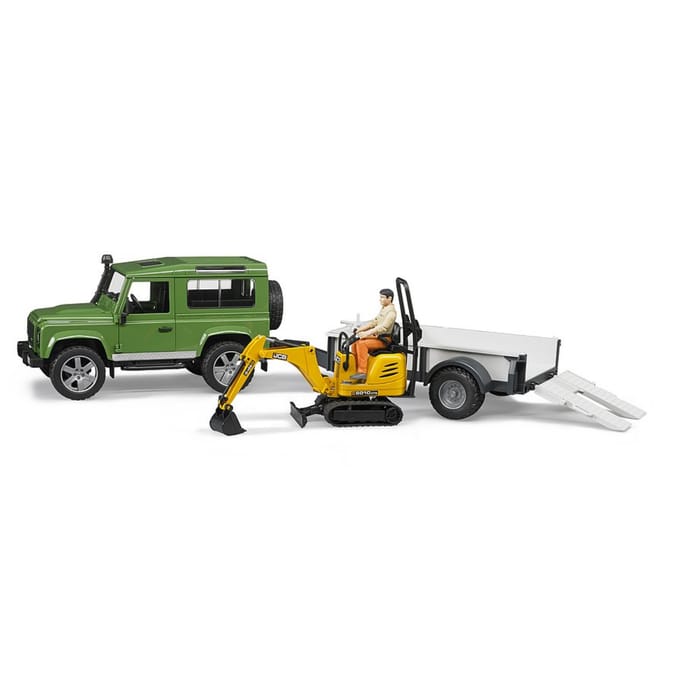 Bruder 2593 Land Rover Defender met aanhanger en JCB kraan met bestuurder