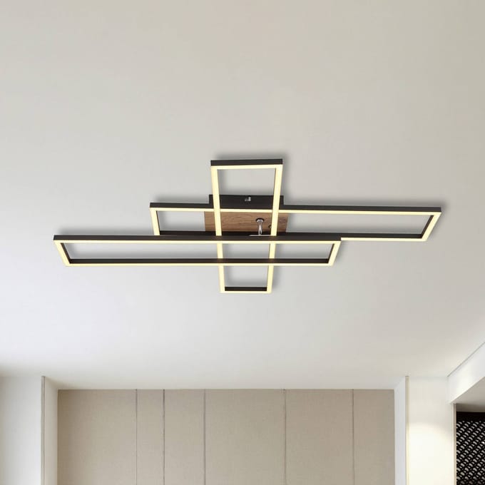Globo LED plafondlamp Dakari, lengte 80 cm, zwart/hout, 3-lamps.