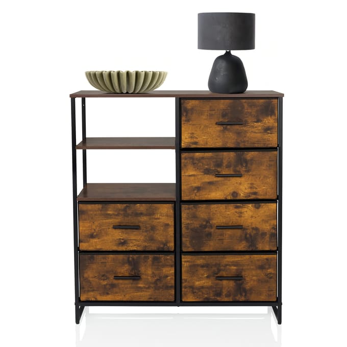 Ladekast RAGALA 84x30x92cm 6 lades 2 open vakken gerookte eik hjh LIVING