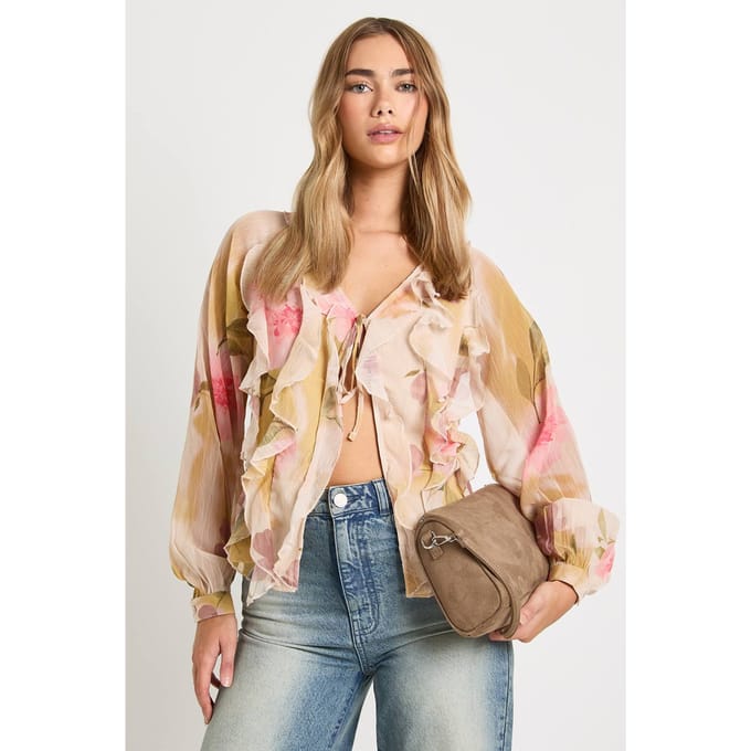boohoo Dames Bloemenprint Chiffon blouse met ruches | Ivory | Maat: 6
