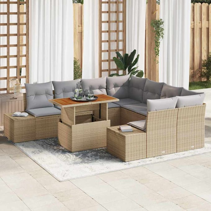 vidaXL Tuin Eettafel Set met kussen 9 pcs Beige en Grijs