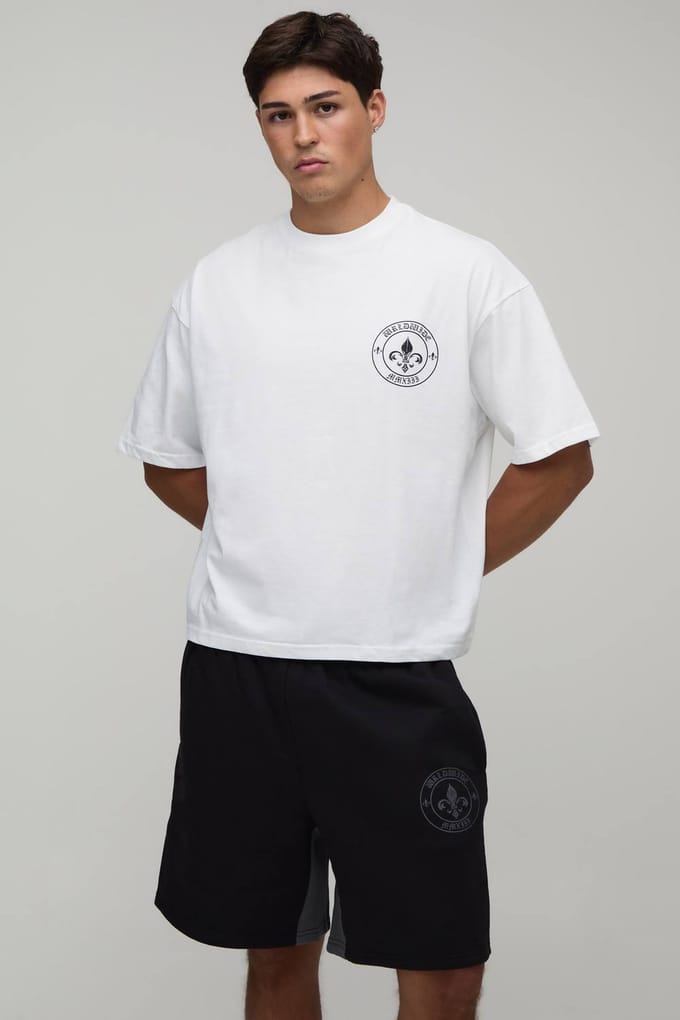 Oversized Boxy Fleur De Lis T-Shirt & Baggy Short Set | White | Size Medium