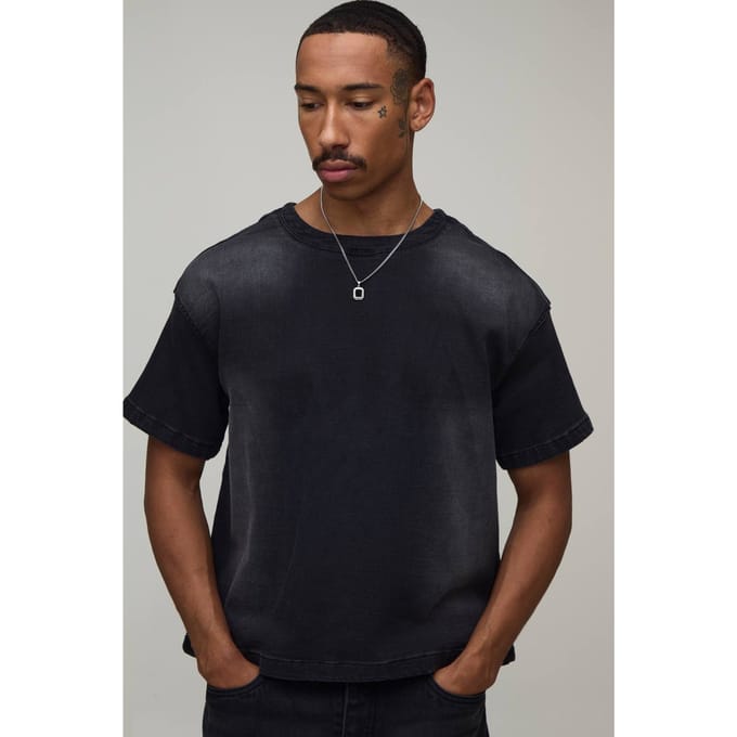 Oversized Boxy Stretch Denim T-Shirt | Washed Black | Size Small