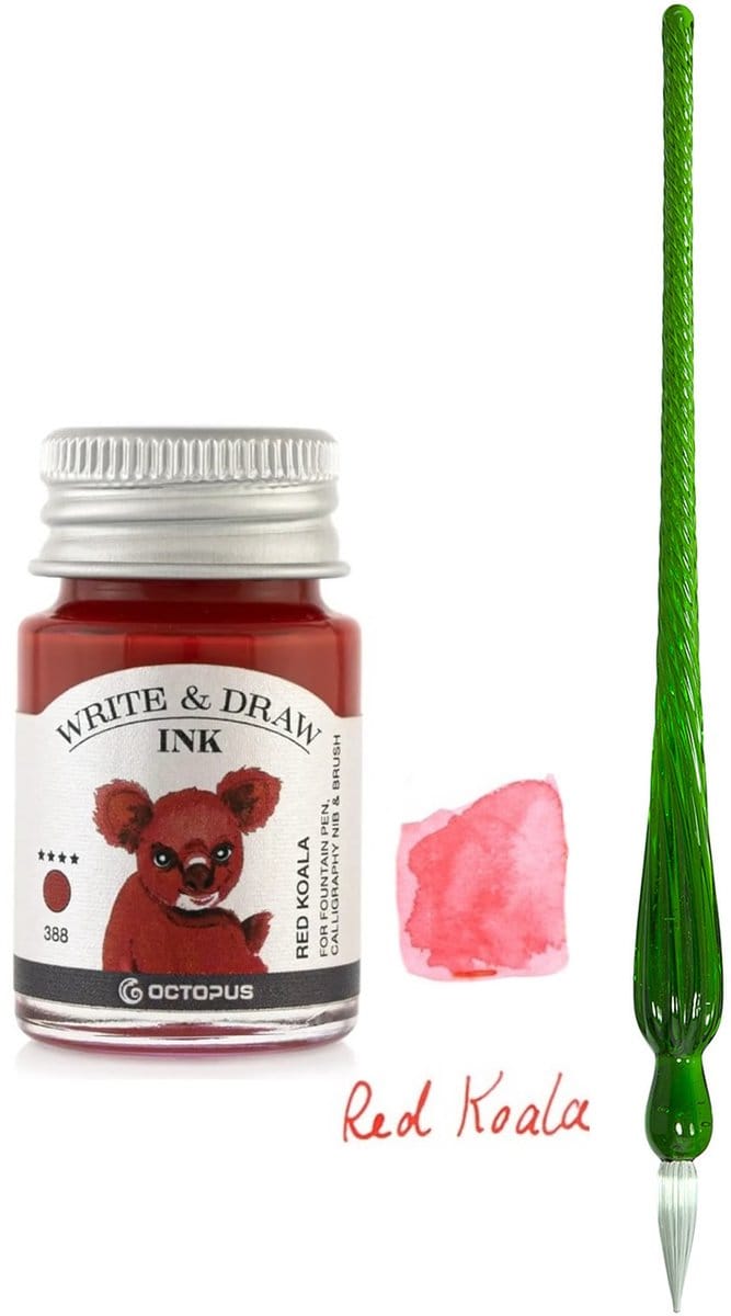 Glaspen - Glazen Dip Pen set in doosje - Groen - Potje - Octopus - Vulpen inkt - red koala