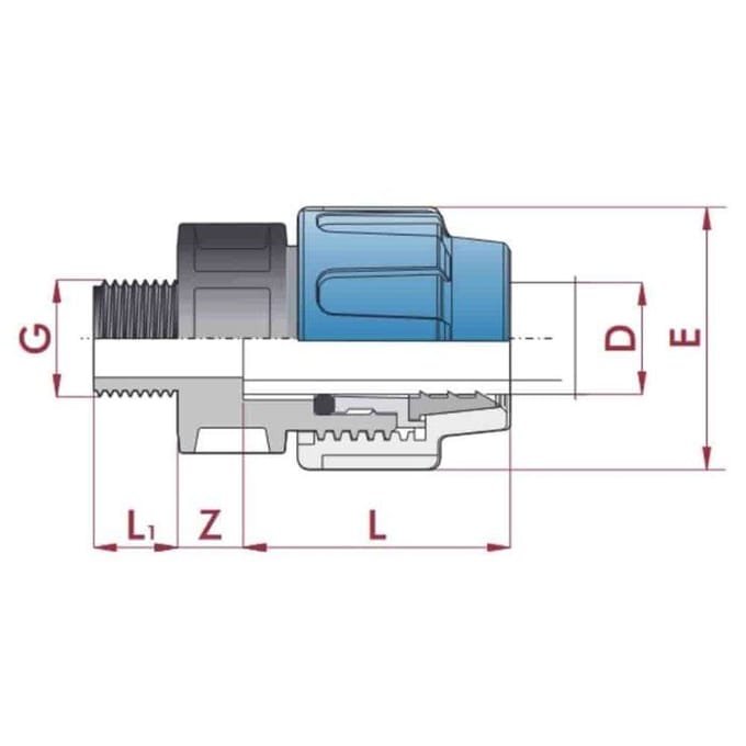 PE koppeling 20mm, 1/2 inch buitendraad, Polyethyleen Compressiekoppeling