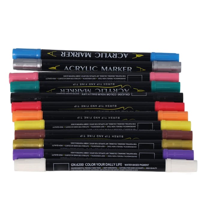 Lot de 12 stylos de peinture acrylique à double extrémité, séchage rapide, forte couverture, imperméable, 12 couleurs black